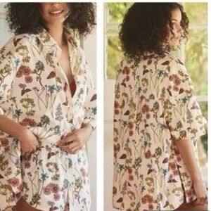 Anthropologie Cream Floral Button-Front Top with Red & Teal Blooms